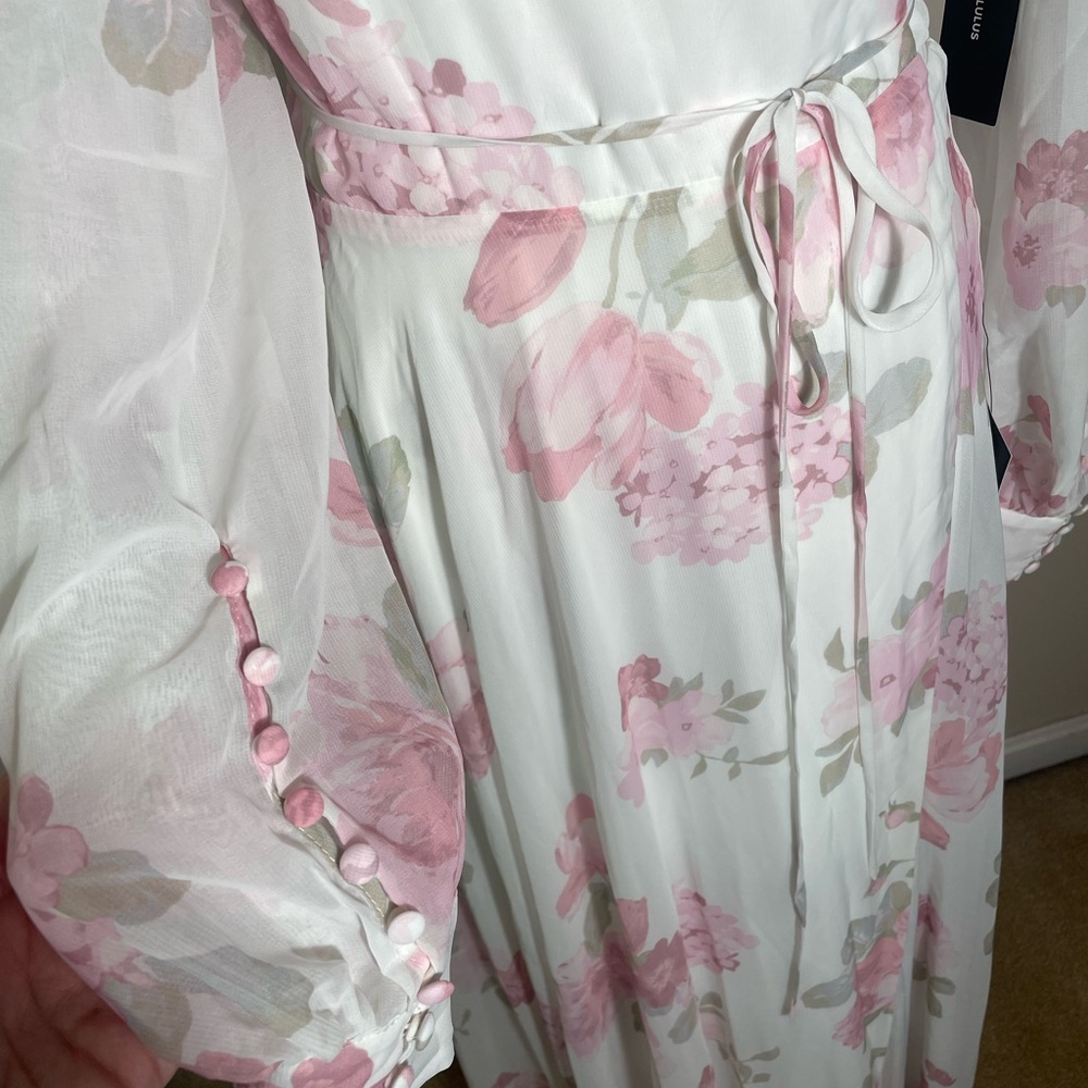 Lulu's Pink and White Floral Long Sleeve Wrap Dress - Picture 2 of 6